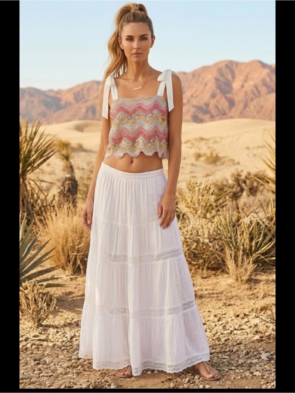 NBD Suri Sequin Zigzag Embroidered Boho Cropped Scalloped Tie Coquette Top XS